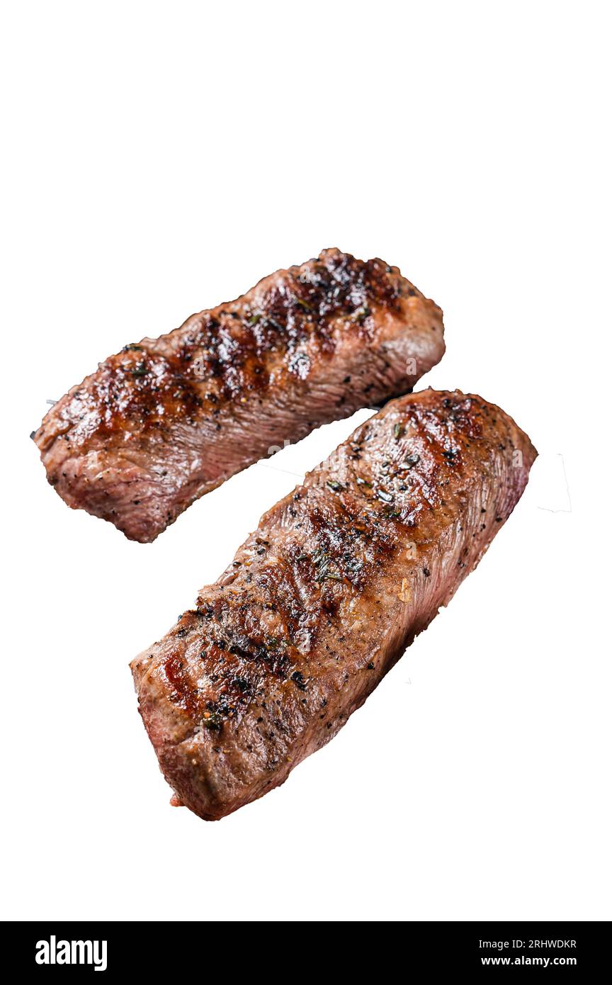 BBQ grilled Lamb tenderloin fillet meat on grill, mutton loin steak. High quality Isolate, white