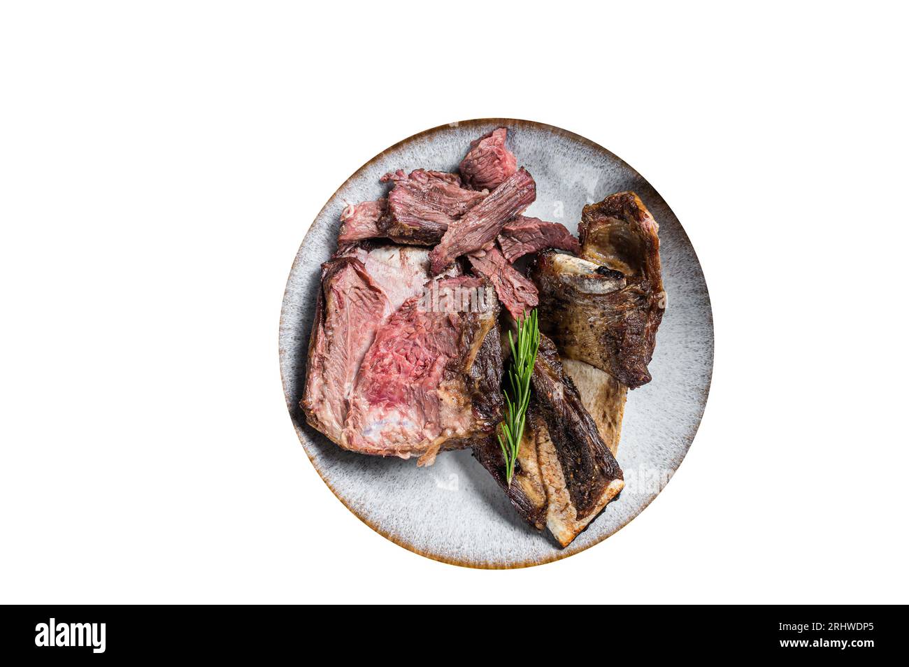 Roasted veal beef short ribs in plate with rosemary. High quality