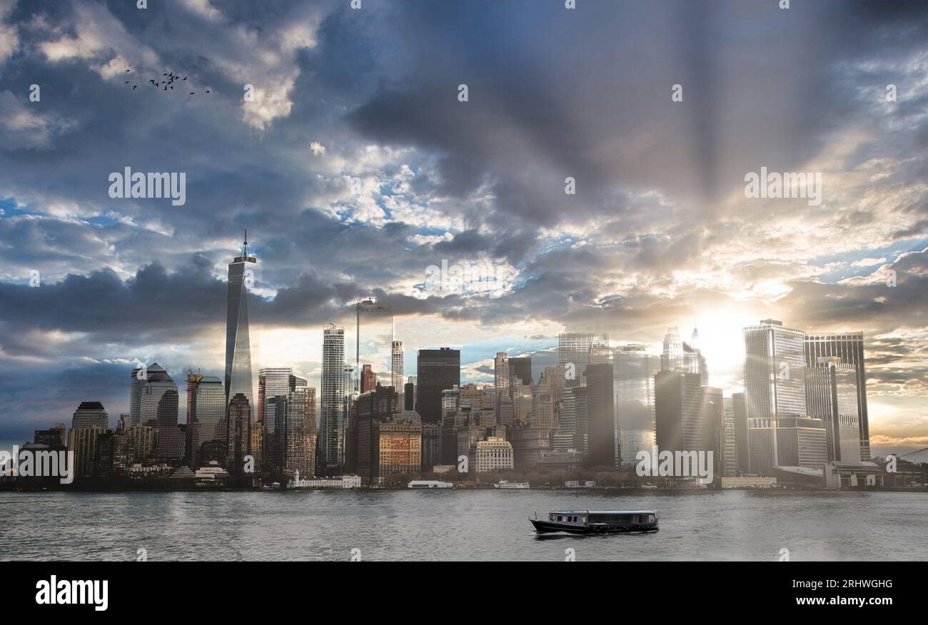 Magical sunset over the Manhattan skyline in New York city.  Stock Photo