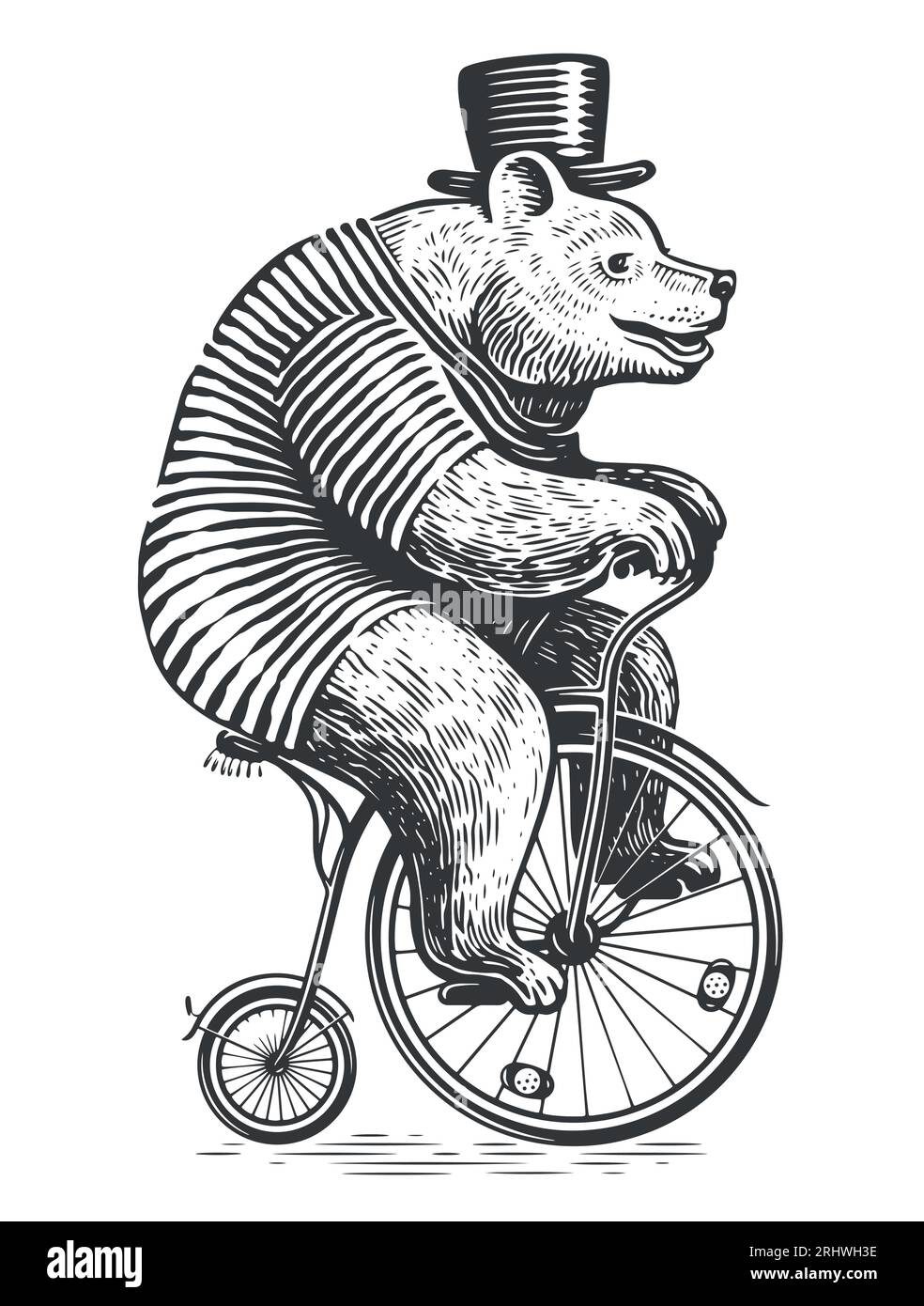 Funny bear rides a retro bike. Circus performance, fair show. Vintage sketch vector illustration engraving style Stock Vector