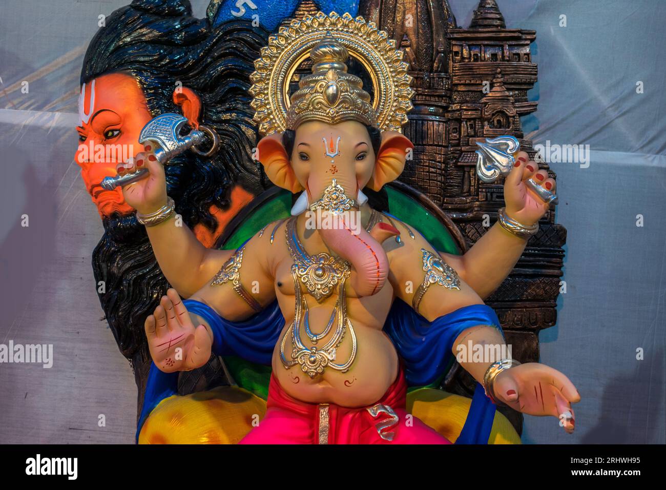 A beautiful idol of Lord Ganpati on display at a workshop in Mumbai, India for the festival of Ganesh Chaturthi Stock Photo