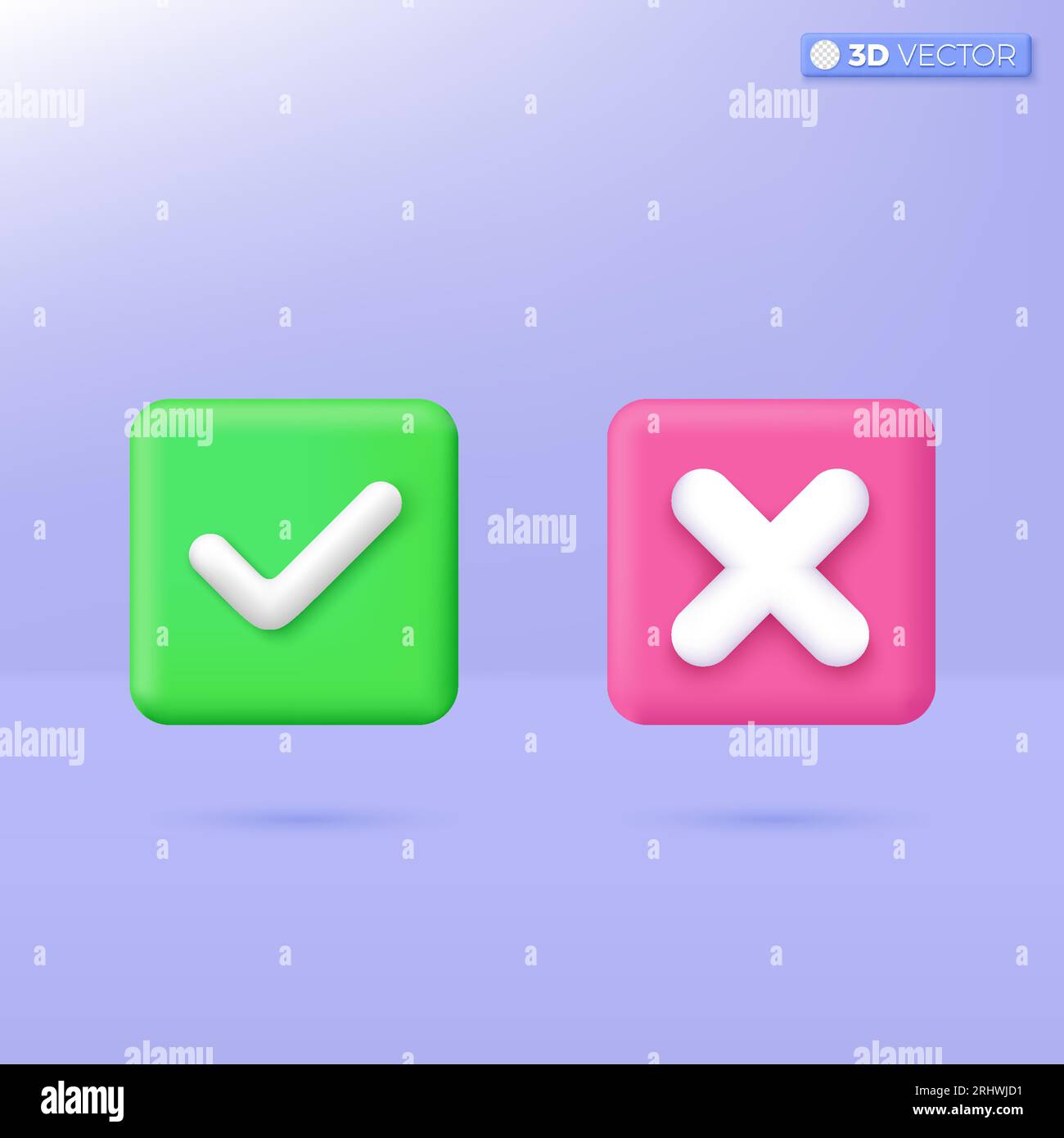 Right and Wrong icon symbols. check mark, cross mark, yes, accepted and rejected concept. 3D vector isolated illustration design Cartoon pastel Minima Stock Vector