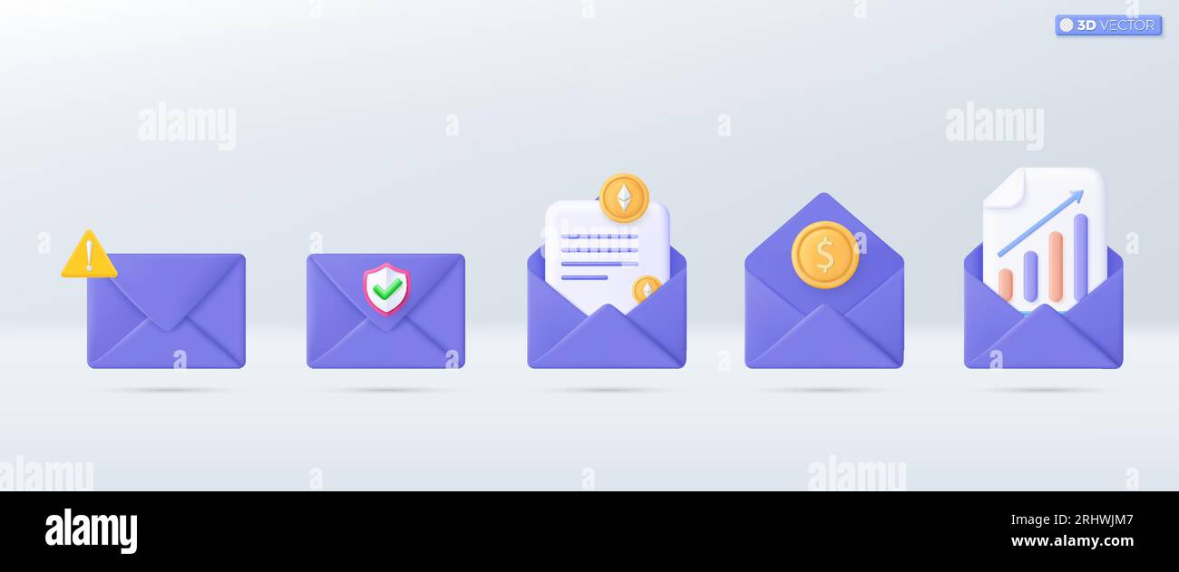 3d Violet mail envelope icon set symbol. Render email exclamation mark,  Graph, Shield, gold coin,crypto currency icon. Investment concept. 3D  vector i Stock Vector Image & Art - Alamy