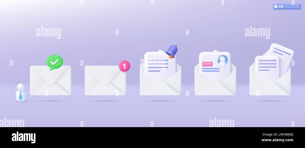 3d White mail envelope icon set symbol. Render email notification with letters, CV Resume icons