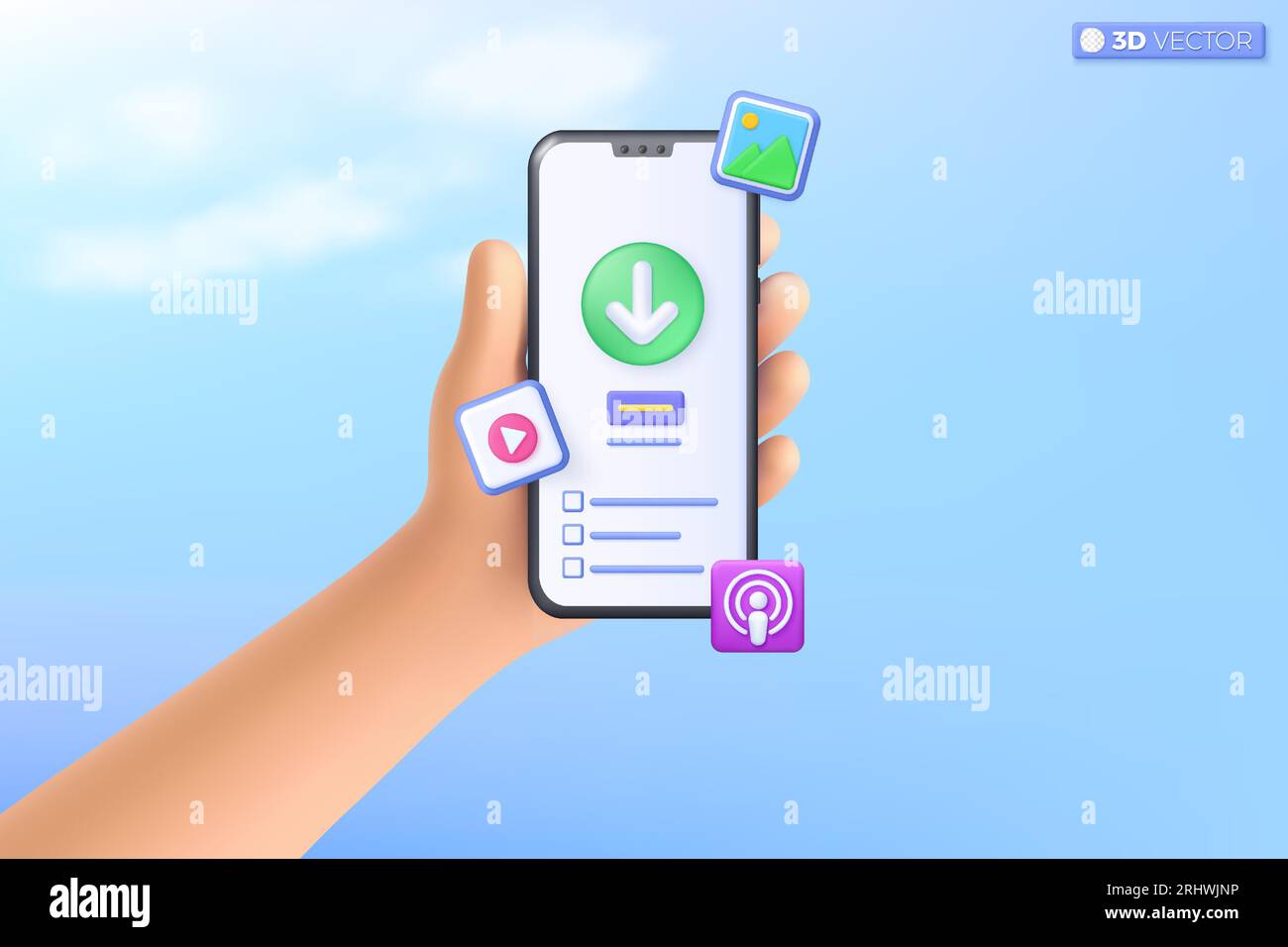 3d hand holding mobile phone download data from cloud system. Photo, video and podcsat icon. file sharing and data transfer concept. 3D vector isolate Stock Vector