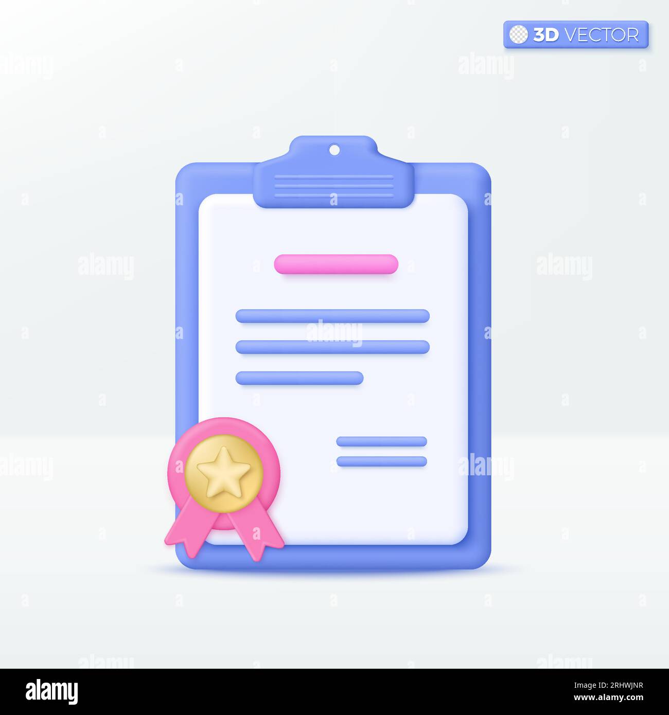 3d certificate or award on clipboard icon symbol. Gold star, Pink ribbon, archivement graduate college diploma, success education concept. vector isol Stock Vector