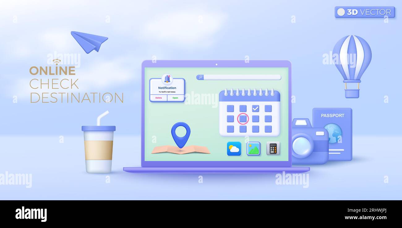 3d check destination travel planning. Notebook computer, tourism, camera, booking ticket, passport, location pin, weather report, concept. 3D vector i Stock Vector