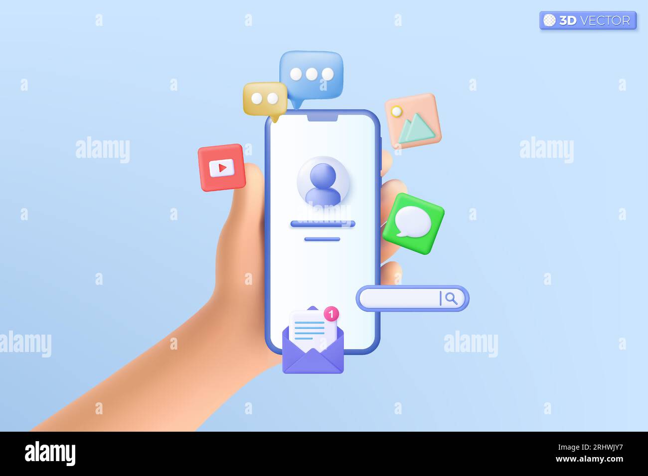 3d hand holding mobile phone social media icon symbol. video and photo gallery, email, Speech bubble, Instant messenger template concept. 3D vector is Stock Vector