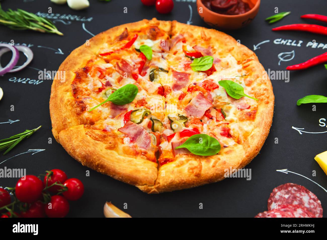 Pizza, ingredients and product names written in chalk on a black