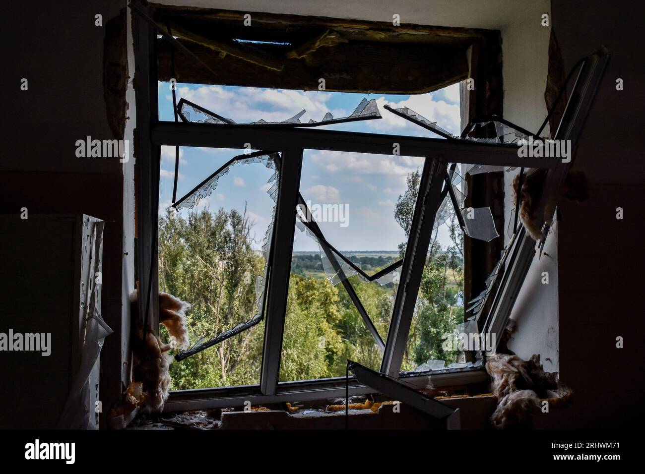 View of a destroyed window of the city hospital by the Russian shelling