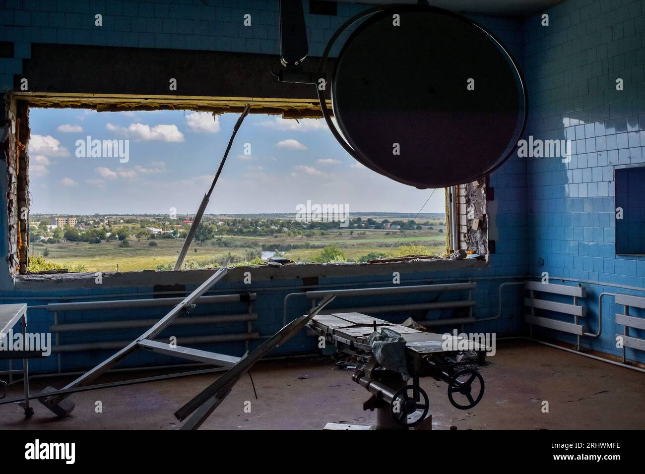Interior view of a destroyed operation room in the city hospital by the