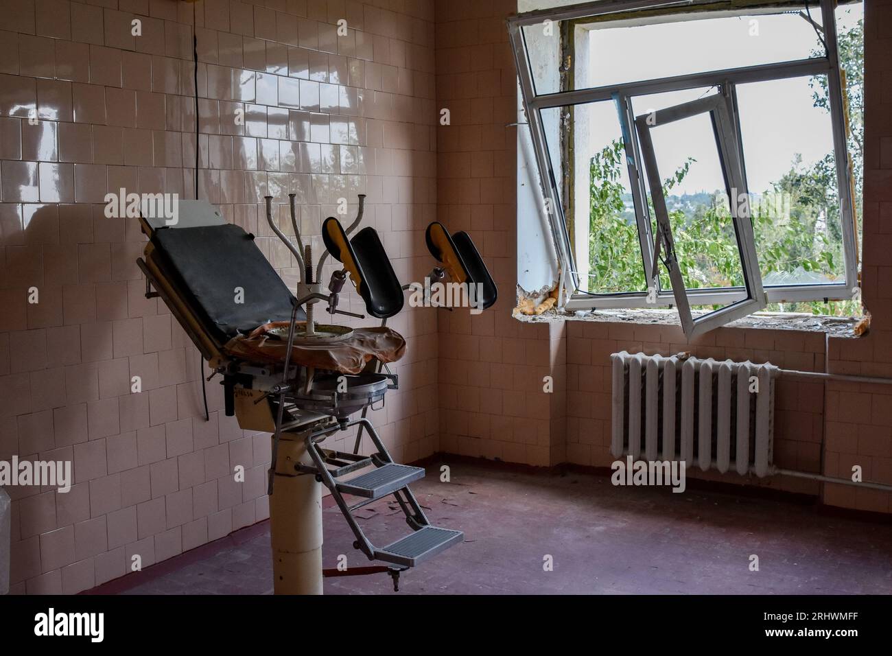 Interior view of a destroyed gynecological office in the city hospital