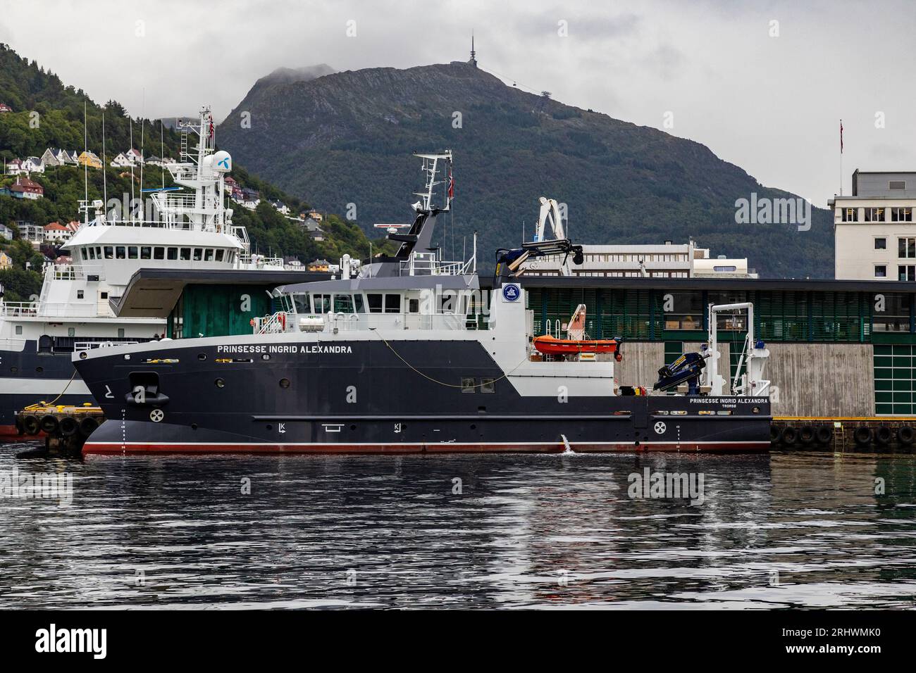 Ocean research vessel Prinsesse Ingrid Alexandra in the port of Bergen, Norway. Owned by the University of Bergen, Institute of Marine Research. A gra Stock Photo