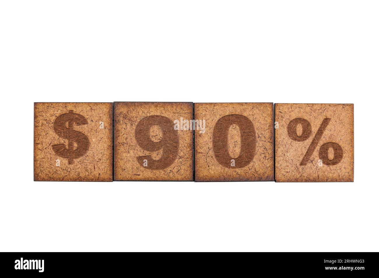 Number And Signs On Wooden Square Tiles On White Background; Dollar Sign, Ninety, And Percentage Sign. Stock Photo