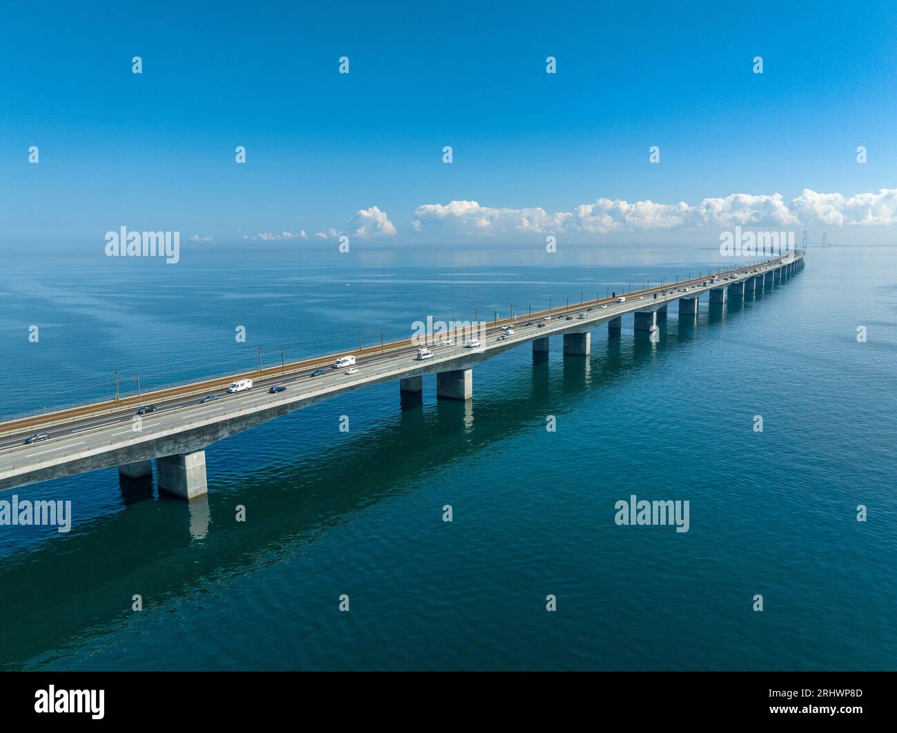 aerial view of the Great Belt Bridge in Denmark.  It connects the islands of Funen and Sealand across the Great Belt. Stock Photo