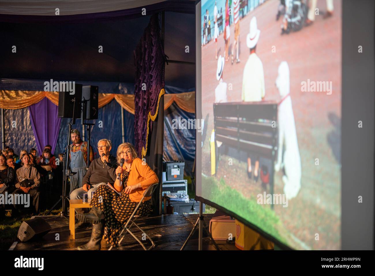 Glanusk Park, UK. Friday, 18 August, 2023. The photographer, Martin Parr on stage at the 2023 Green Man Festival in Glanusk Park, Brecon Beacons, Wales. Photo date: Friday, August 18, 2023. Photo credit should read: Richard Gray/Alamy Live News Stock Photo