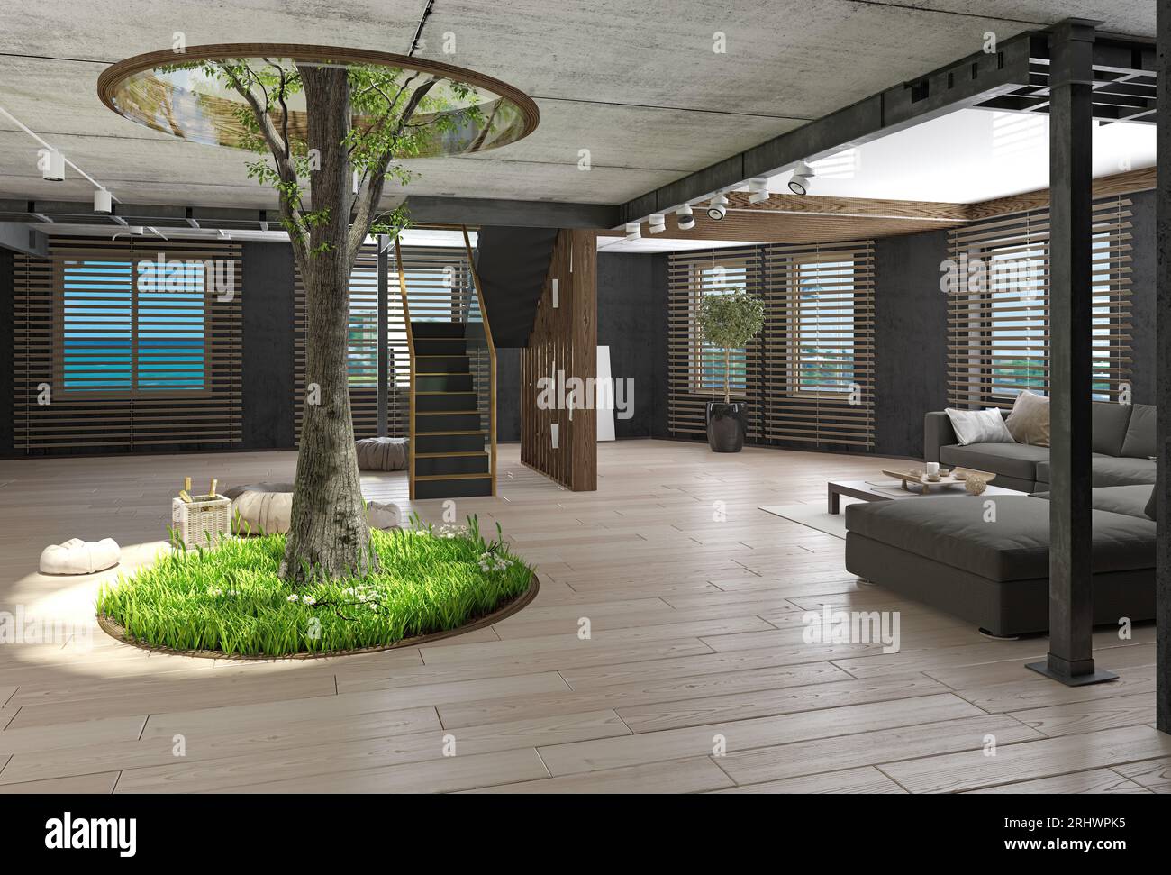 Modern loft interior with the tree inside Stock Photo - Alamy