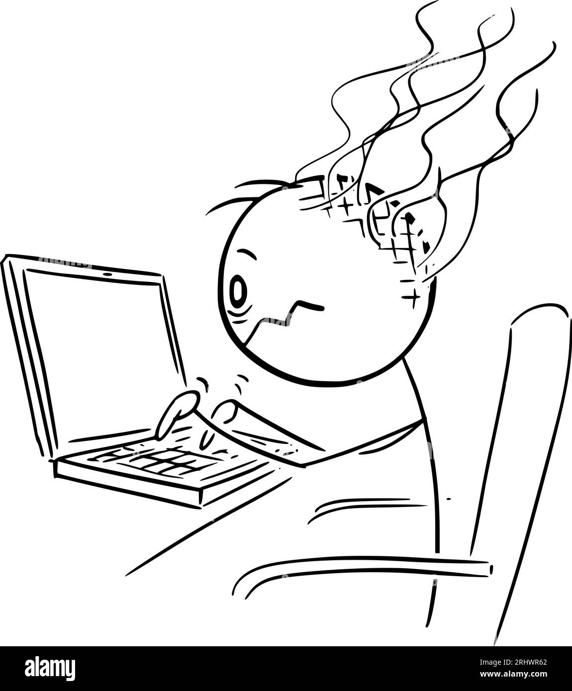 Tired Person Working on Computer, Vector Cartoon Stick Figure Illustration Stock Vector