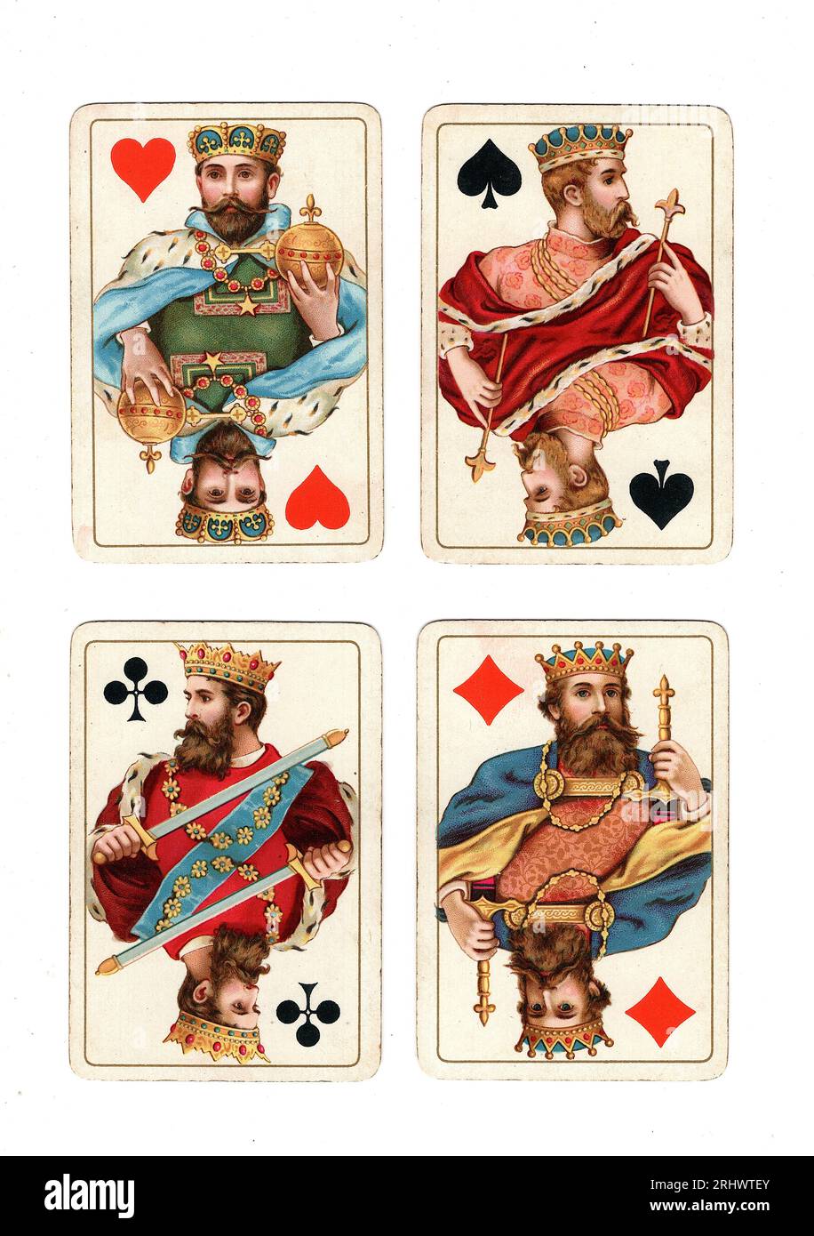 Antique playing cards featuring four kings on a white background Stock