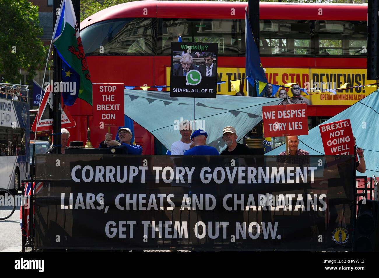 An anti-Brexit and Tory protest at the junction of Whitehall and Parliament Square, Westminster, London, UK.  7 Jun 2023 Stock Photo