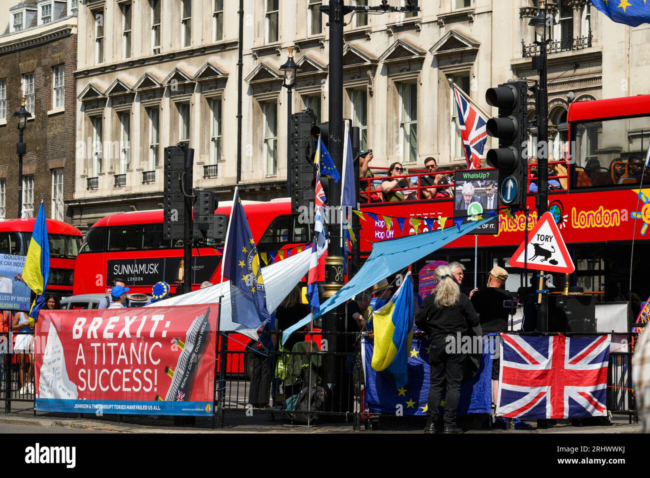 An anti-Brexit and Tory protest at the junction of Whitehall and Parliament Square, Westminster, London, UK.  7 Jun 2023 Stock Photo