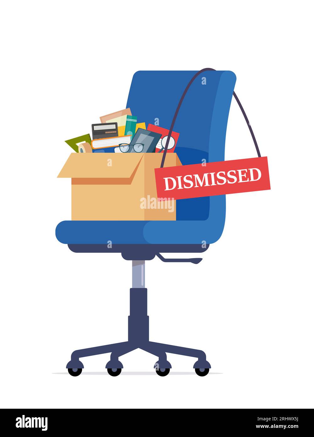 Business chair with box with office things. Dismissed. Fired from job. Vector illustration Stock Vector