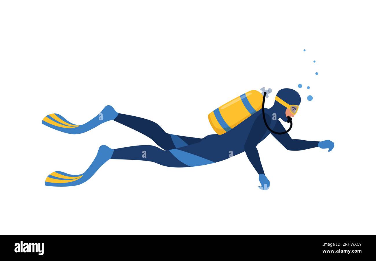 Man Diver with diving equipment wearing wetsuit with oxygen tank and fins. Vector illustration