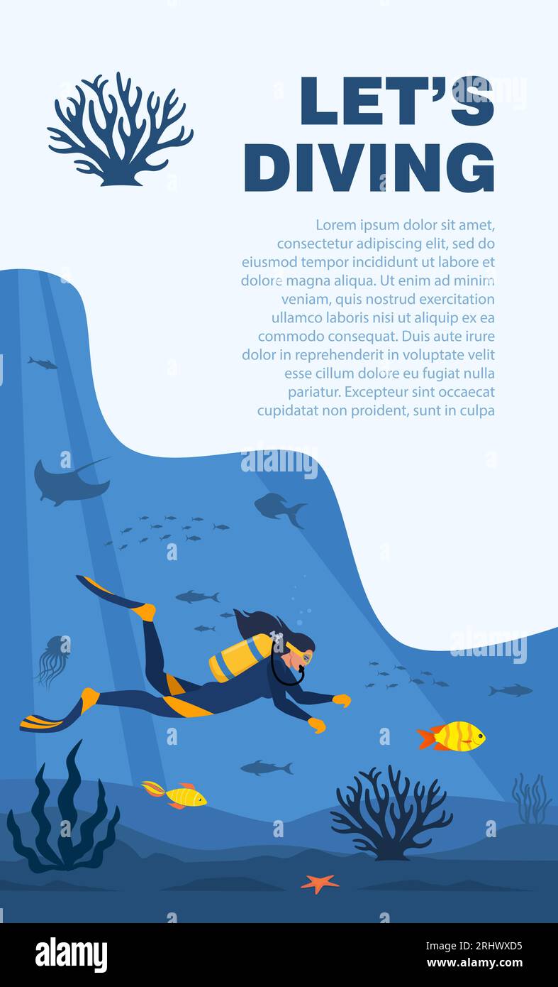Diver with diving equipment swims in the sea. Seascape banner with man