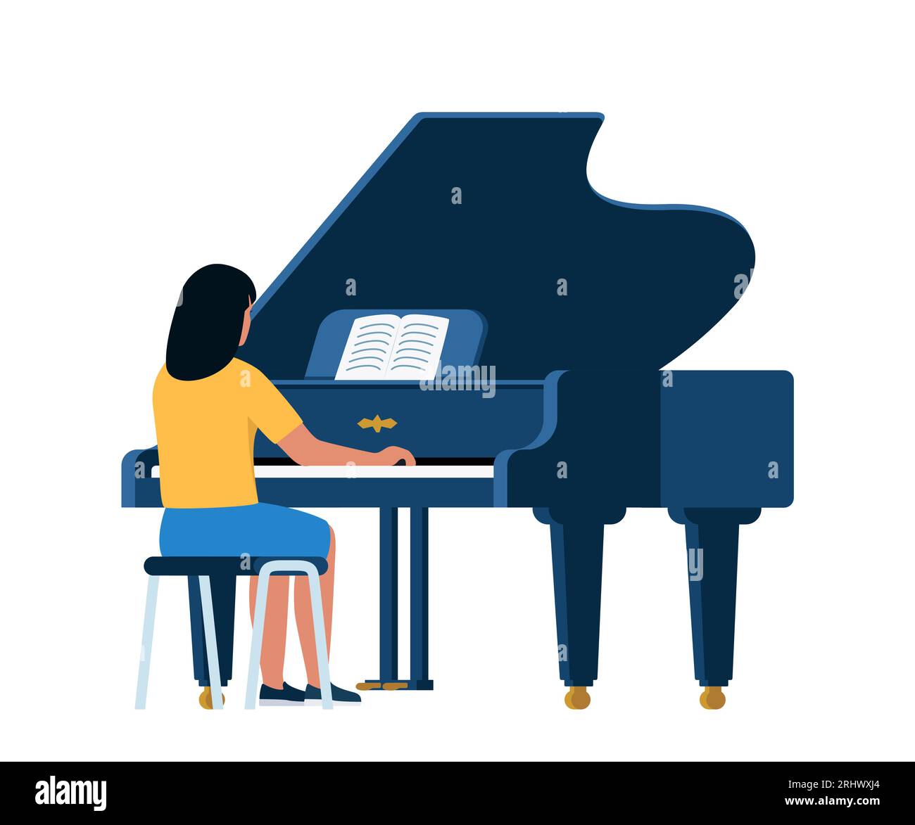 Woman Pianist Playing Musical Composition on Grand Piano for Symphonic Orchestra or Opera Performance on Stage. Talented Artist Performing on Scene. V Stock Vector
