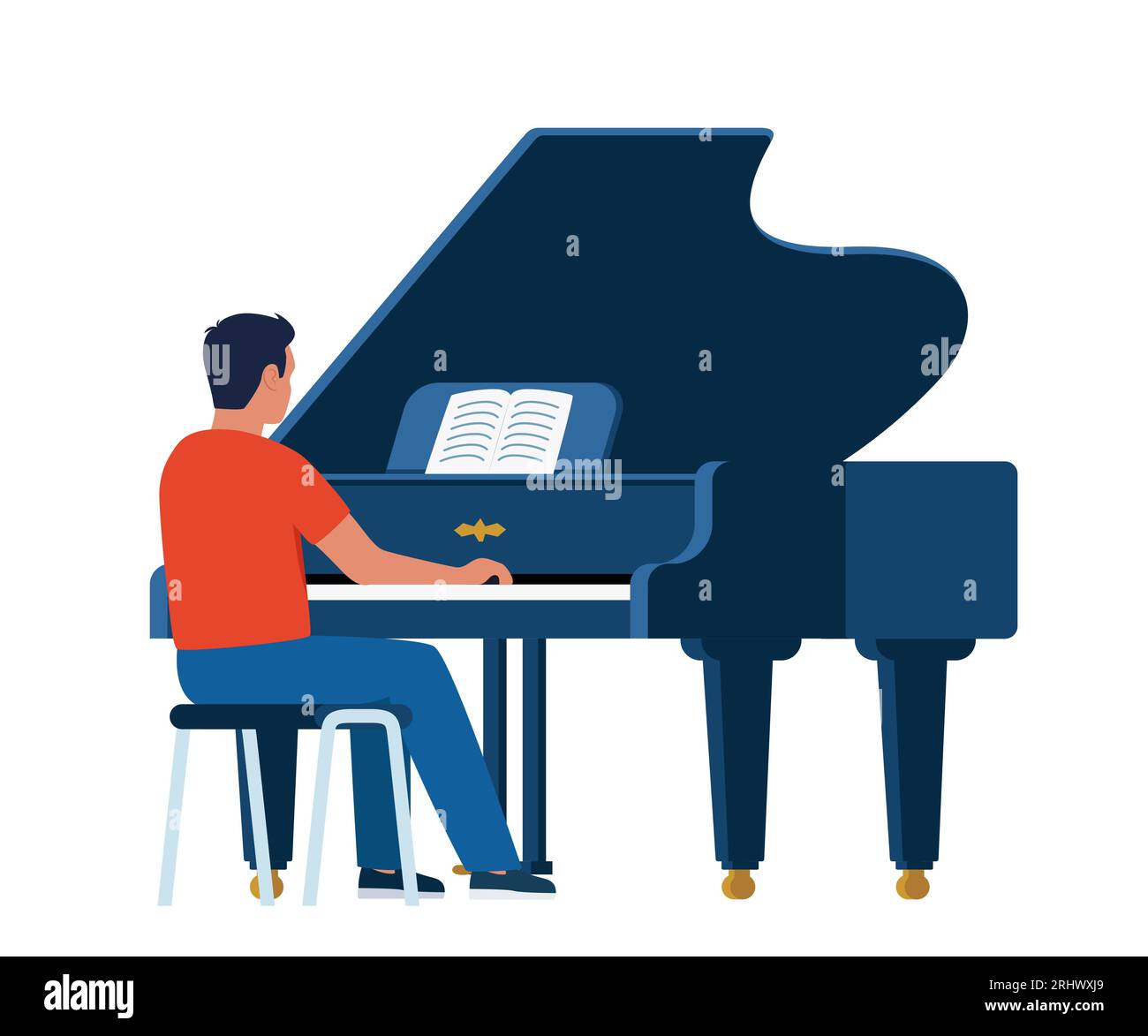 Man Pianist Playing Musical Composition on Grand Piano for Symphonic Orchestra or Opera Performance on Stage. Talented Artist Performing on Scene. Vec Stock Vector