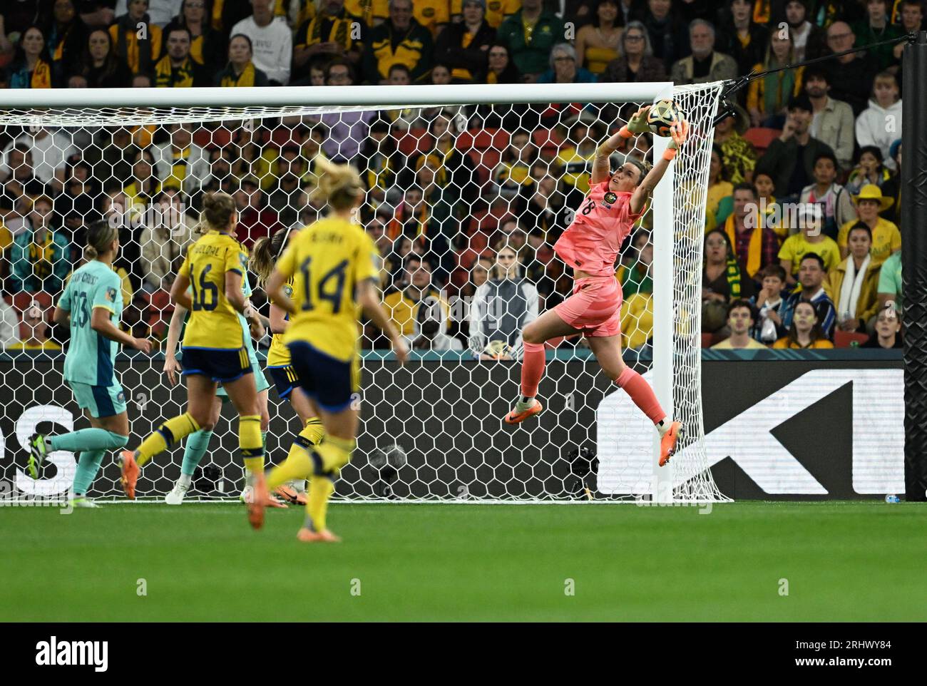 Brisbane, Australia. 19th Aug, 2023. Australia's goalkeeper Mackenzie Arnold (1st R) makes a save during the third place play-off between Sweden and Australia at the 2023 FIFA Women's World Cup in Brisbane, Australia, Aug. 19, 2023. Credit: Li Yibo/Xinhua/Alamy Live News Stock Photo