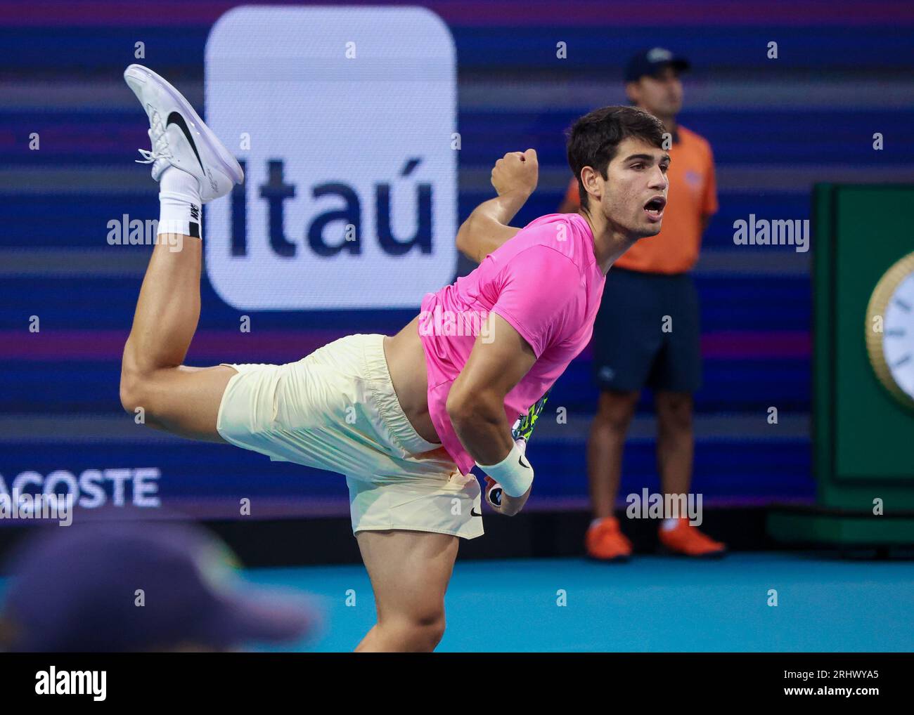 Florida, USA, Miami Open Tennis, 3/31/2023, Hard Rock Stadium, Carlito Alcaraz in action. Photo: Chris Arjoon/Credit Stock Photo