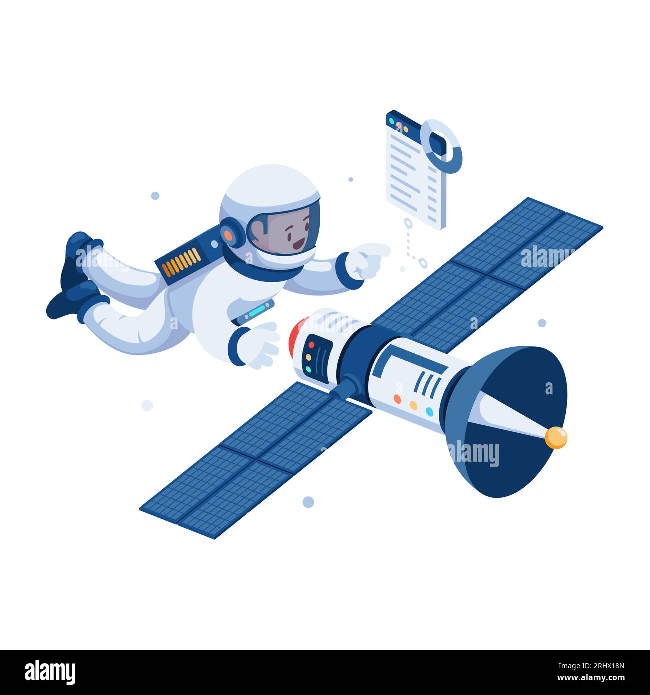 Flat 3d Isometric Astronaut in Space Suit Repair Broken Satellite. Space Technology and Astronomy Concept. Stock Vector