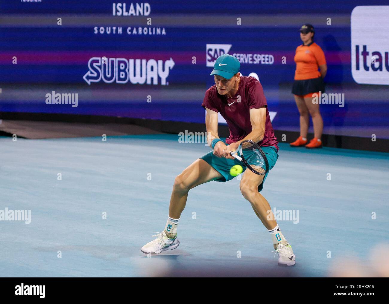 Jannick Sinner in action. Florida, USA, Miami Open Tennis, March 2023, Hard Rock Stadium, Photo: Chris Arjoon/Credit Stock Photo