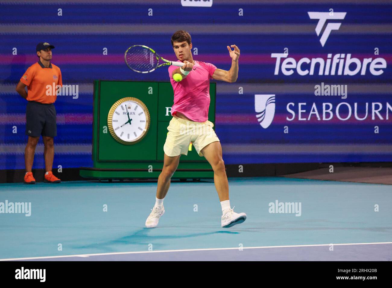 Carlos Alcaraz in action.Florida, USA, Miami Open Tennis, March 2023, Hard Rock Stadium, Photo: Chris Arjoon/Credit Stock Photo