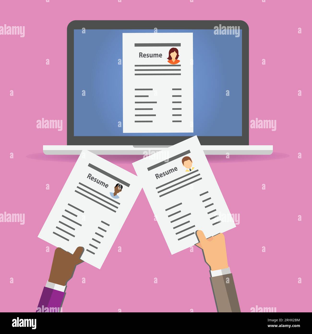 Laptop with resume Stock Vector - Two Hands Holding Cv Resumes In Front Of A Laptop With A Resume On It 2RHX2BM