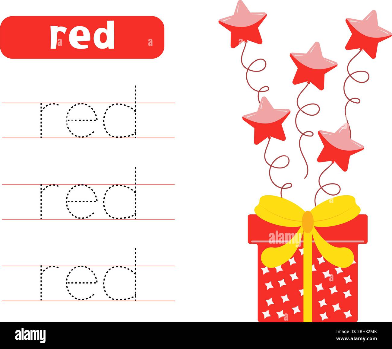 Trace and write word red. Handwriting practice. Learning colors. with gift box and balloons. Worksheets for kids. Stock Vector