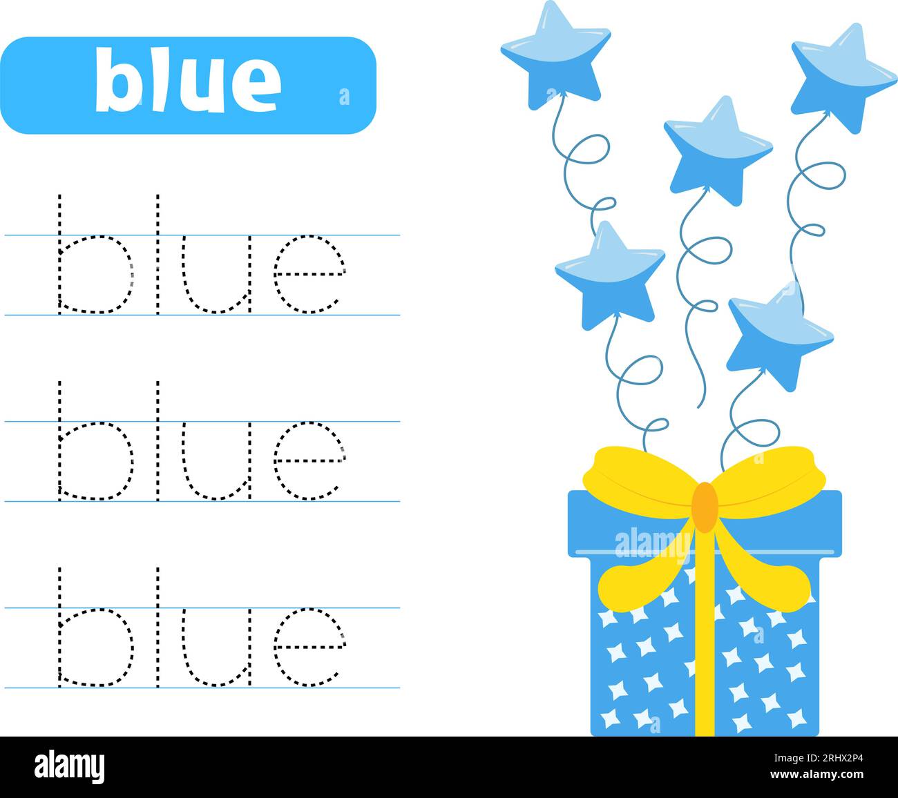 Trace and write word blue. Handwriting practice. Learning colors. with gift box and balloons. Worksheets for kids. Stock Vector