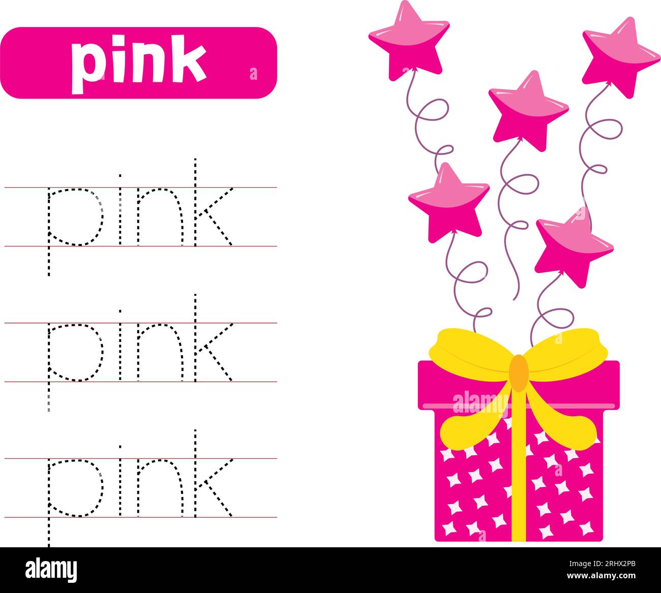 Trace and write word pink. Handwriting practice. Learning colors. with gift box and balloons. Worksheets for kids. Stock Vector