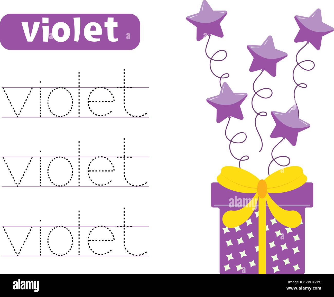 Trace and write word violet. Learning colors with gift box and balloons. Worksheets for kids. Stock Vector