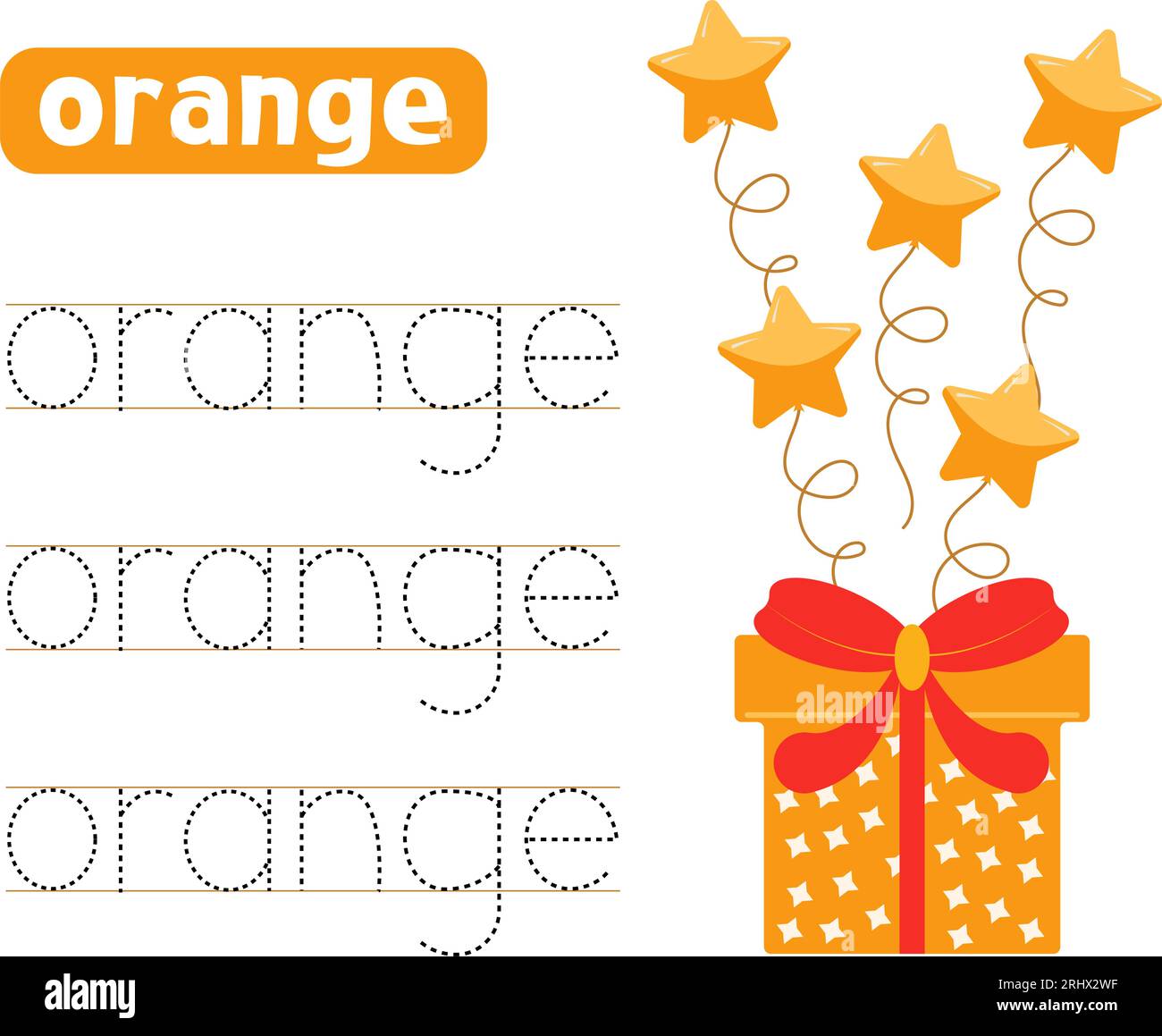 Trace and write word orange. Handwriting practice. Learning colors. with gift box and balloons. Worksheets for kids. Stock Vector