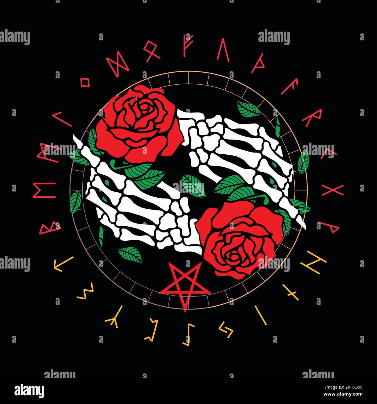 Design for t-shirt with two corpse hands and red roses on a black background. Runic alphabet in circular design. Stock Vector