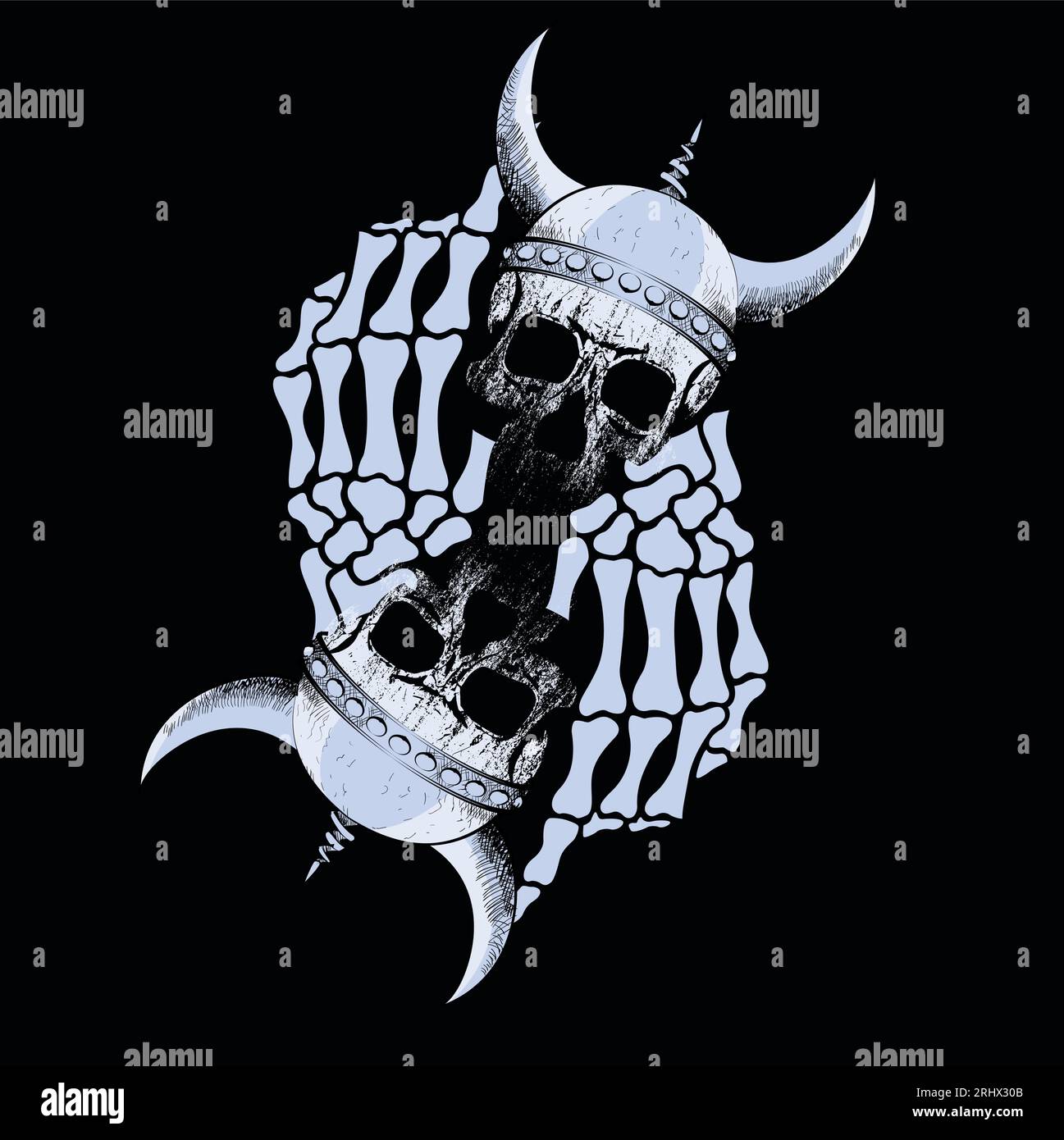 design for t-shirt with two viking skulls and bony hands. symmetrical ...