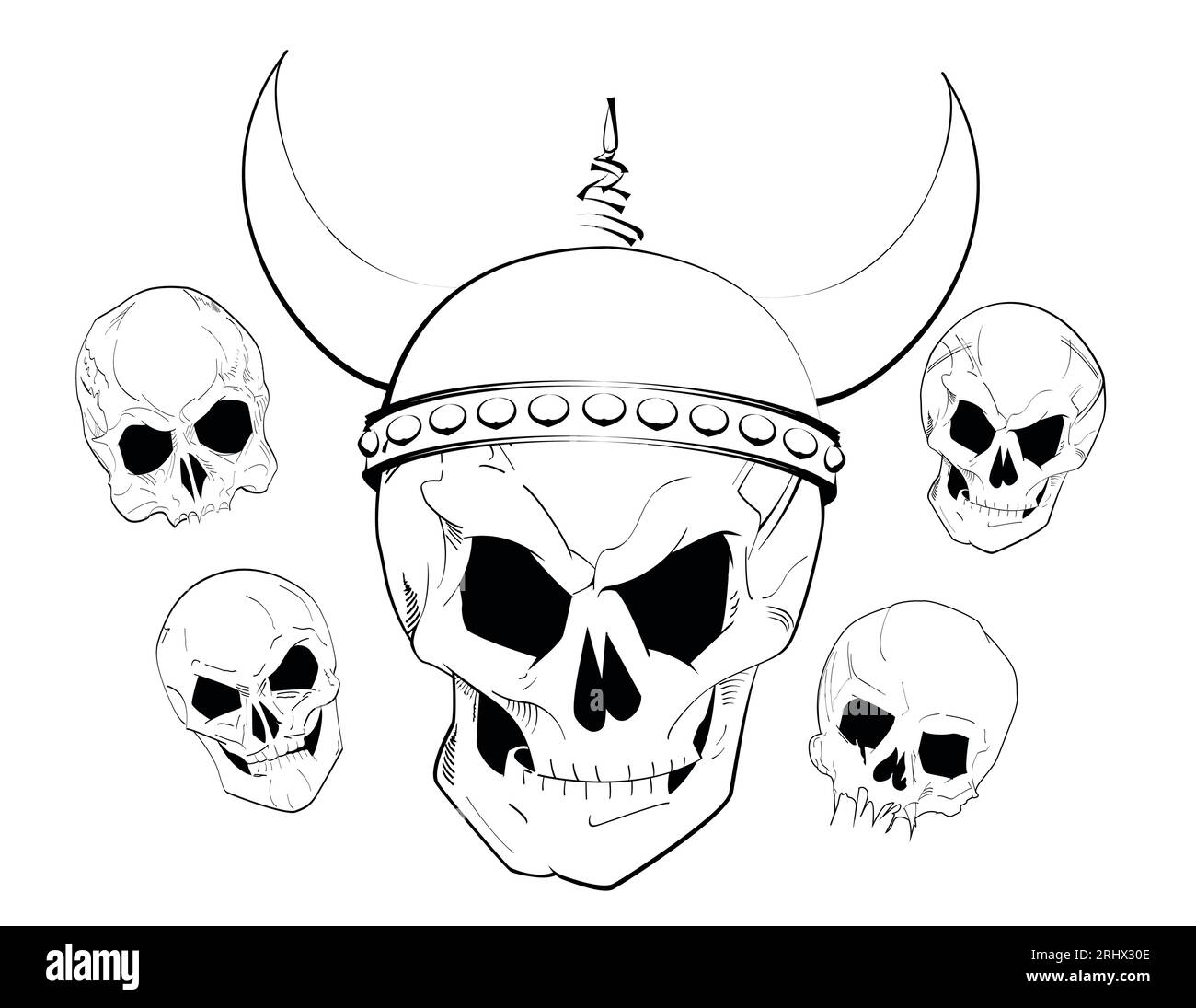 vector illustration of five viking skulls isolated on white Stock Vector