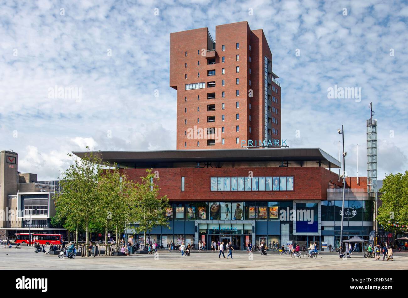 Enschede, The Netherlands, August 9, 2023 downtown Van Heek square with department stores and