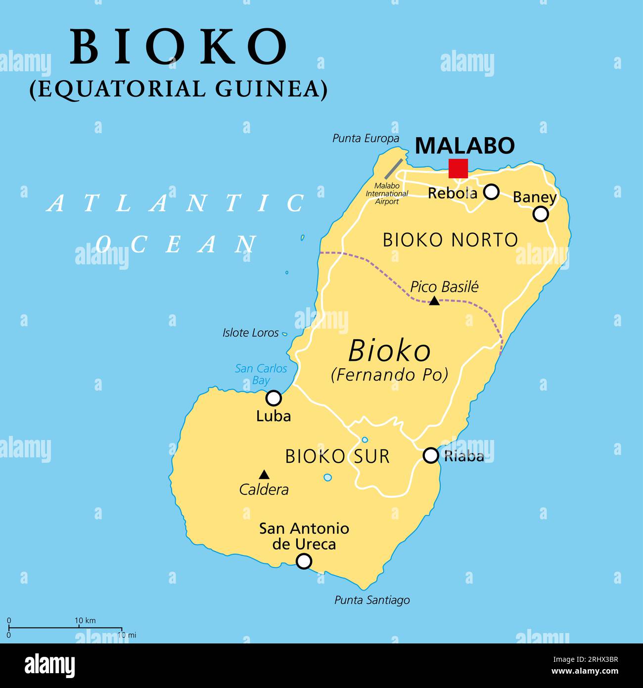 Bioko, island off the coast of Africa, political map. Historically Fernando Po, the northernmost part of Equatorial Guinea, with capital Malabo. Stock Photo