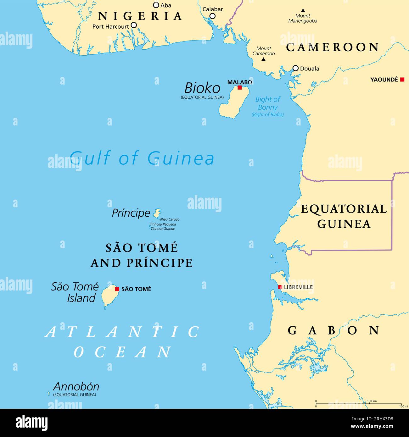Cameroon line, volcanic island chain off the coast of West Africa, political map. Long chain of volcanoes including islands in the Gulf of Guinea. Stock Photo