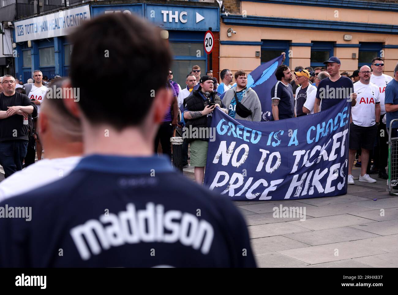 London, UK. 19th Aug, 2023. Tottenham Hotspur fans gather outside the stadium to protest against the ticket prices for matches before the Premier League match at the Tottenham Hotspur Stadium, London. Picture credit should read: Paul Terry/Sportimage Credit: Sportimage Ltd/Alamy Live News Stock Photo