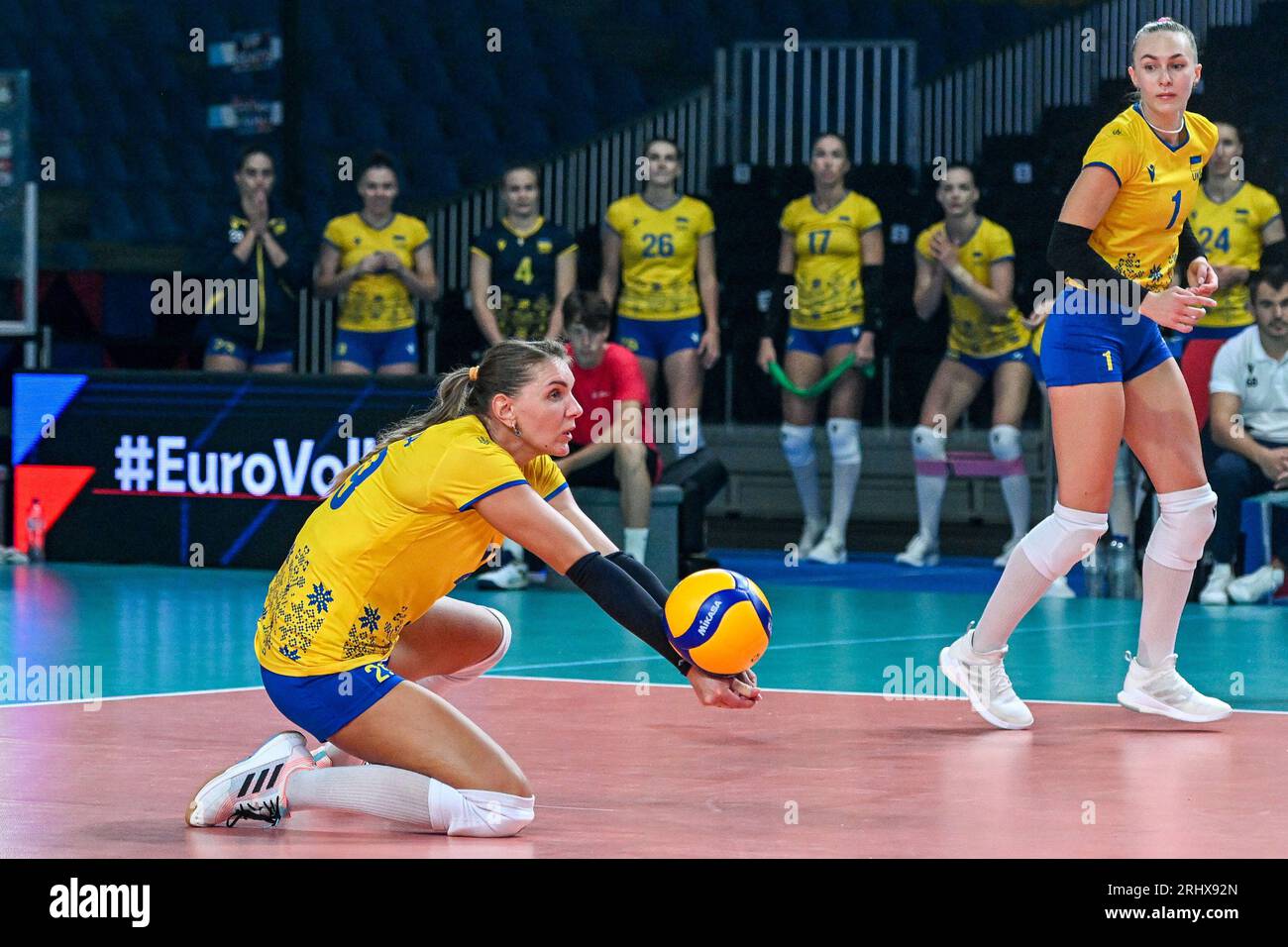 Kodola Nadiia (29) of Ukraine pictured during a Volleyball game between the national women teams of Serbia and Ukraine during the second game in the CEV Euro Volley Championship in pool A , on  Saturday 18 August 2023  in Gent , BELGIUM . PHOTO SPORTPIX | Stijn Audooren Stock Photo