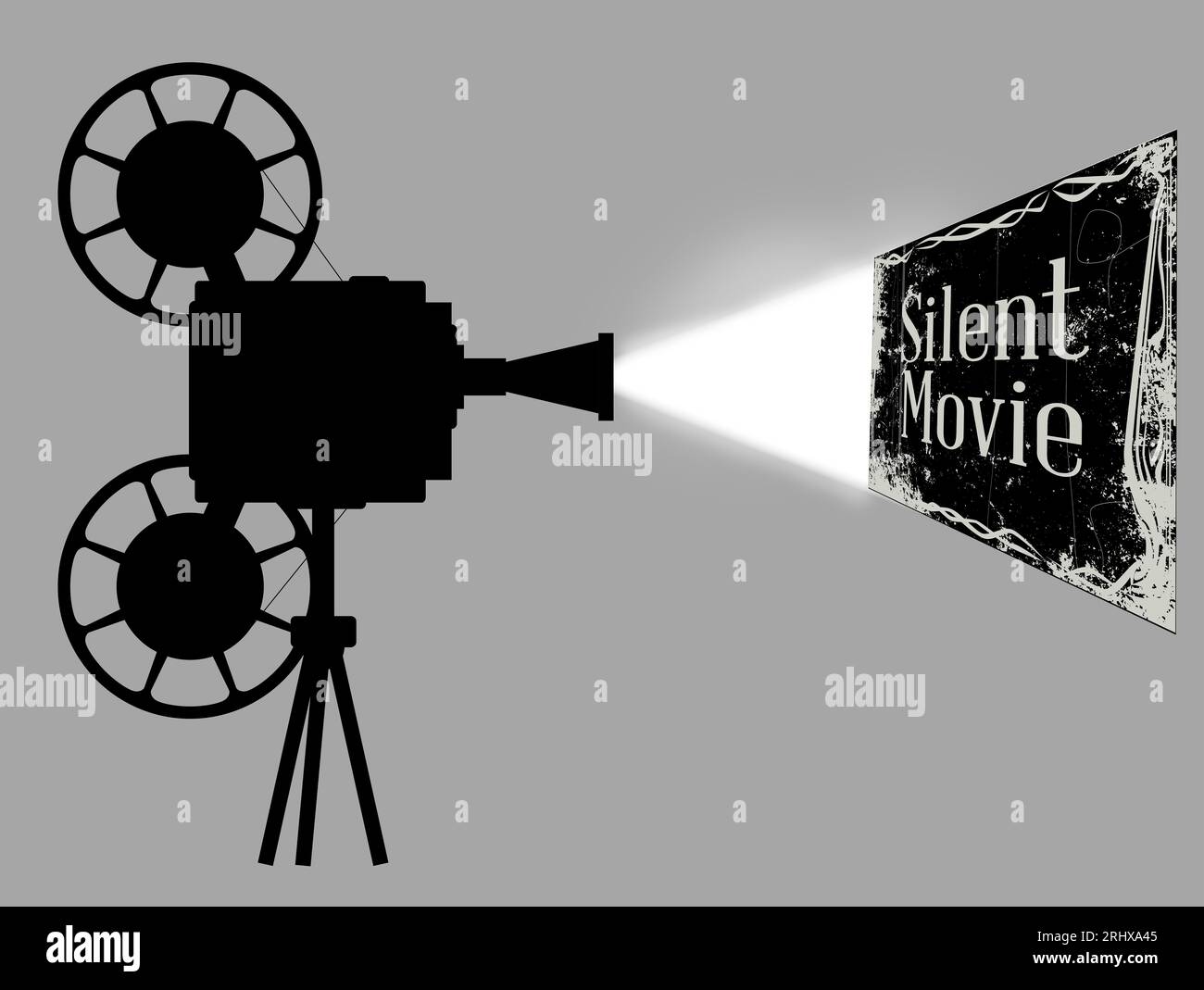 A silent movie cinema ine projector silhouette with white beam Stock